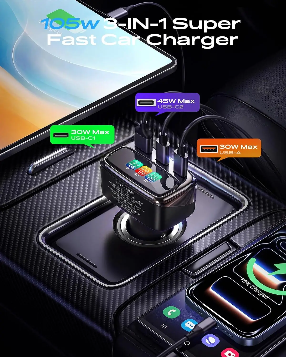 105W USB C Car Charger with Di - Car Accessories Gifts For Men ulasan dan harga